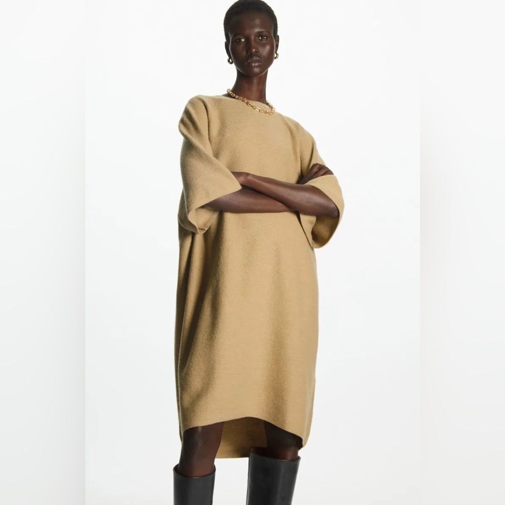 COS Women's Woollen Mini Dress Short Sleeve Sand Label Size Large NWT